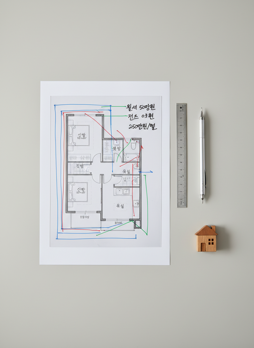 A bird’s eye view of a clean, light-gray tabletop with a detailed floorplan of a modest Korean apartment printed on crisp white paper. Over the floorplan, a transparent overlay sheet is marked with colored lines showing different pension scenarios and monthly amounts written neatly in Korean. A slim metallic ruler, a finely crafted mechanical pencil, and a small wooden house token sit nearby, aligned with care. Soft, neutral studio lighting eliminates harsh contrast, revealing every line and texture with clarity. The photographic realism captures subtle shadows around the objects, adding depth without clutter. The composition is balanced and geometric, evoking precision, logic, and a calm, analytical mood ideal for explaining how a single home can translate into a predictable, dignified retirement income.
