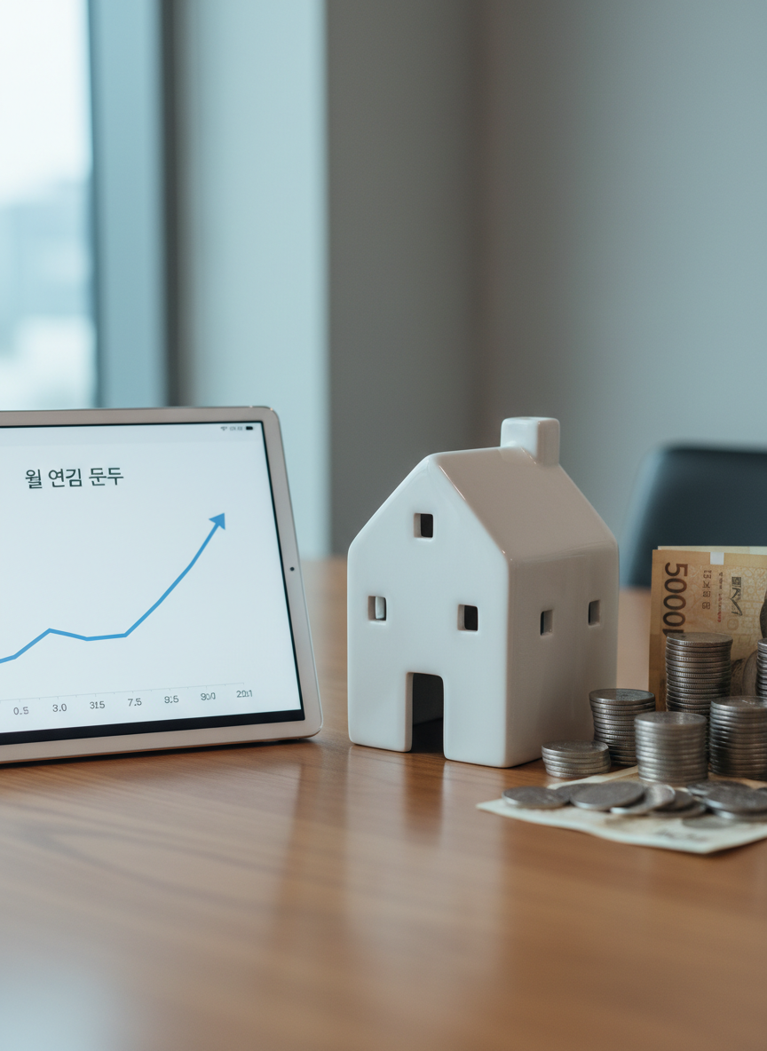 A close-up of a polished wooden tabletop displaying a clean white ceramic piggy bank shaped like a small house, with a subtle roof texture and a discrete front door motif, next to tidy stacks of Korean won coins and notes arranged by denomination. A tablet lies nearby, screen showing a crisp graph of steadily rising monthly pension income. Cool, diffused natural light from a nearby window creates soft reflections on the ceramic and metal surfaces, keeping shadows gentle and controlled. Photographic realism with shallow depth of field makes the house-shaped piggy bank the focal point, while the background fades into a smooth, neutral blur. The overall atmosphere is orderly, modern, and reassuring, perfect for a professional financial planning tool about home-based retirement income.