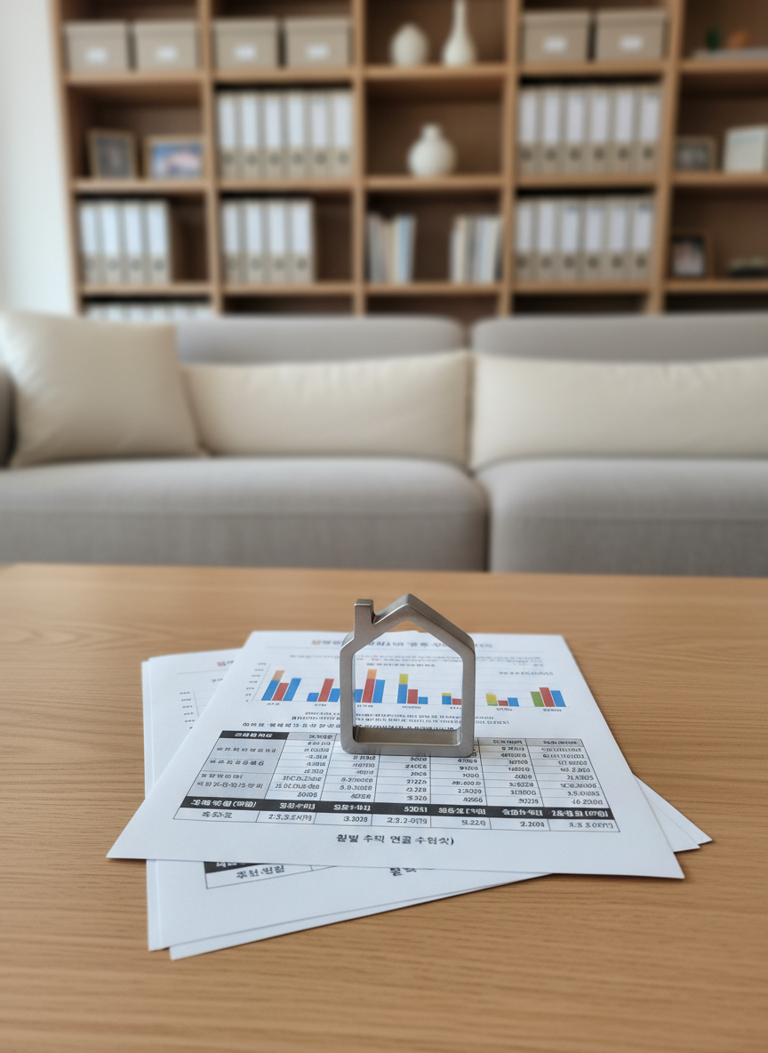 A tidy living room coffee table made of light, matte-finished oak, holding three neatly stacked documents printed with bar charts and tables of monthly housing pension amounts, all labeled in Korean. A small, elegant metal house outline sculpture sits on top of the papers, its brushed steel surface catching highlights from warm overhead lighting. In the background, softly blurred, is a hint of a cozy, neutral-toned sofa and a tall bookshelf with orderly files and decor. The photographic image is framed at coffee-table height with a gentle diagonal composition, focusing on the documents and house sculpture. The atmosphere feels settled, secure, and respectable, evoking a sense of well-planned, proud retirement supported by stable monthly home-based income.