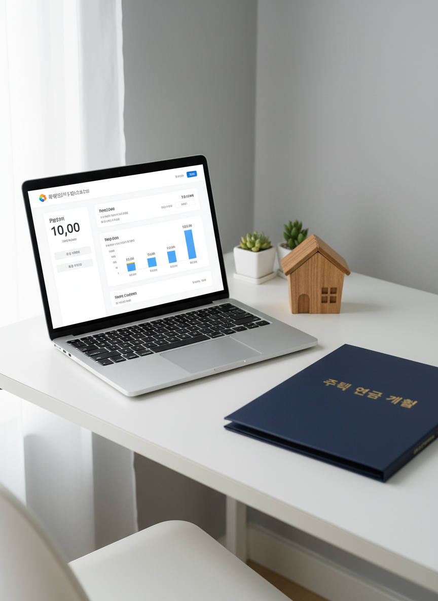 A minimalist, well-organized home office corner featuring a slim, modern laptop on a clean white desk, screen displaying a clear interface of a pension calculator with large legible numbers and simple charts. Beside the laptop rests a small, detailed wooden house figurine with a warm, natural grain, and a closed navy-blue folder labeled in Korean with gold lettering suggesting retirement plans. Soft, indirect daylight washes in from the left, creating a bright yet gentle ambiance with almost no harsh shadows. Shot from a slightly elevated angle in photographic realism, sharp focus throughout, the composition uses rule of thirds, leaving negative space for a calm, uncluttered feel. The mood is confident, professional, and forward-looking, ideal for illustrating a trustworthy housing pension calculation service.